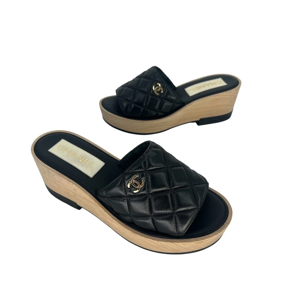 Chanel 2022 Cruise Quilted CC Platform Slide Sandals Black Size 40